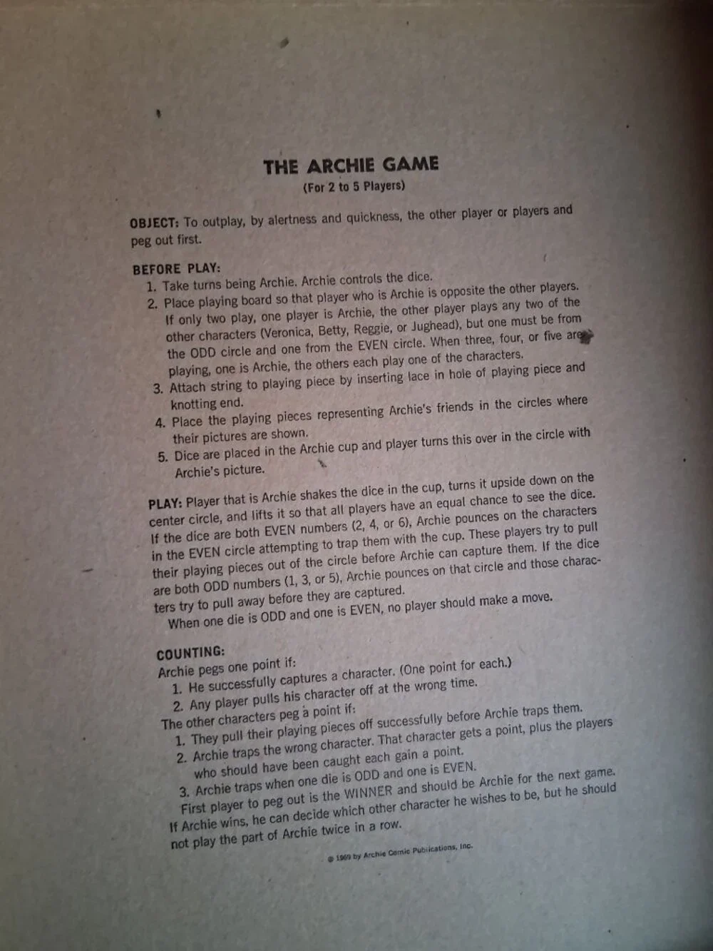 VTG The Archie Game 1969 Board Game Even/Odd